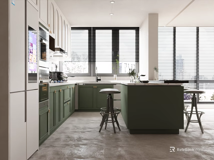Modern Green Kitchen With White Refrigerator Island Stools Large Windows And Blinds 3d model 
