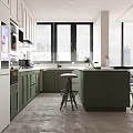 Modern Green Kitchen With White Refrigerator Island Stools Large Windows And Blinds