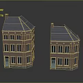 Two Red Brick Buildings With Gray Roofs Windows And Green Doors