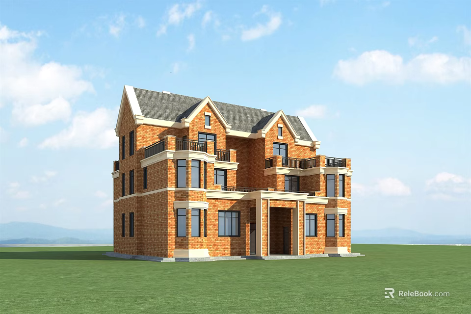 Red Brick Detached Villa With Gray Roof And Green Lawn Under Blue Sky 3d model 