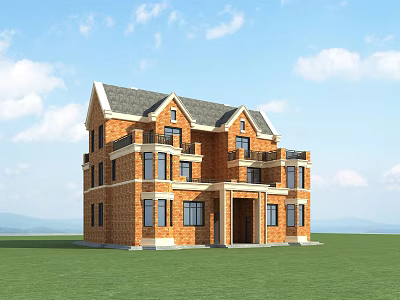 Red Brick Detached Villa With Gray Roof And Green Lawn Under Blue Sky 3d model