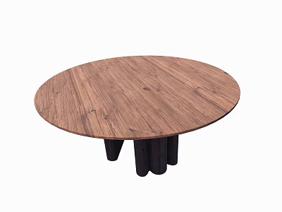 Round Wooden Dining Table With Natural Wood Grain Surface And Black Legs 3d model