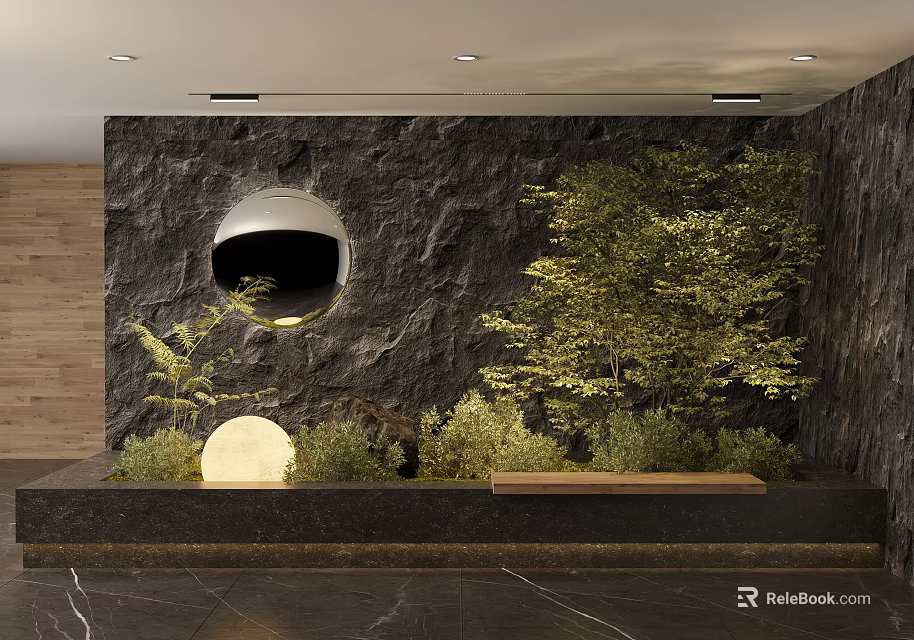 Indoor Garden Decor With Rock Wall Green Plants Round Ornament And Wooden Platform 3d model 