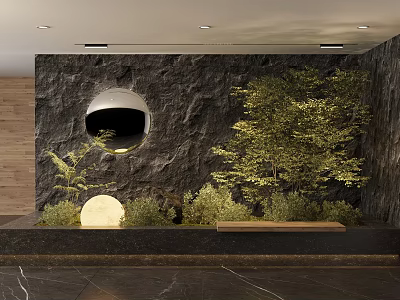Indoor Garden Decor With Rock Wall Green Plants Round Ornament And Wooden Platform 3d model