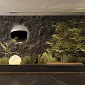 Indoor Garden Decor With Rock Wall Green Plants Round Ornament And Wooden Platform