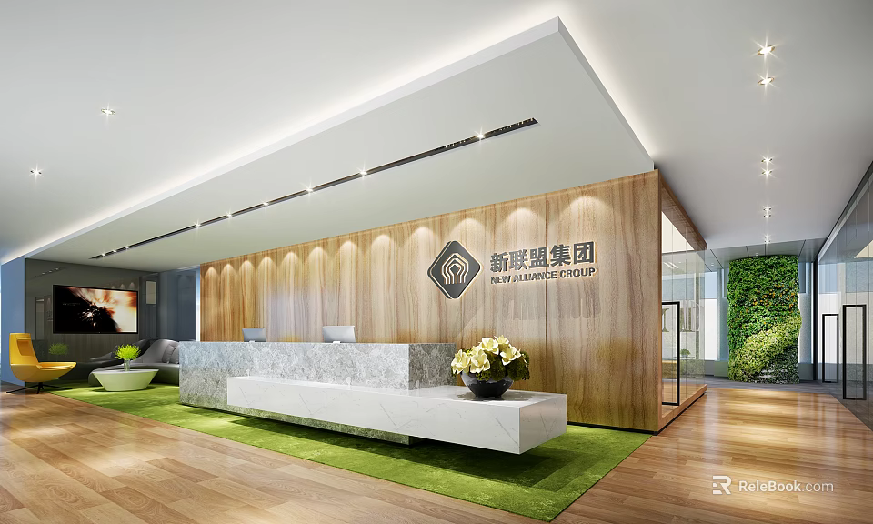 Stylish Office Reception Front Desk With Wooden Backdrop Marble Top And Green Plants 3d model 