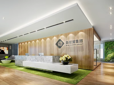 Stylish Office Reception Front Desk With Wooden Backdrop Marble Top And Green Plants 3d model
