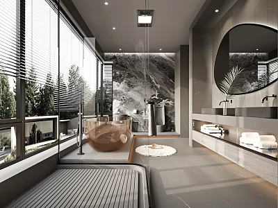 Modern Bathroom Interior With Bathtub Large Windows And Nature View 3d model