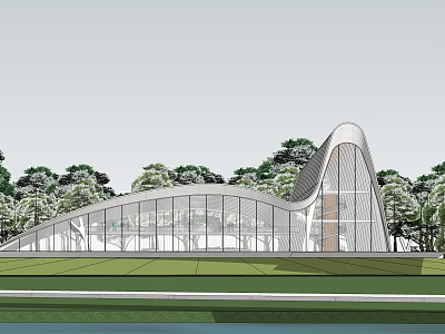 Modern Sales Office Building With Curved Roof Large Glass Curtain Walls And Trees 3d model