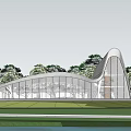 Modern Sales Office Building With Curved Roof Large Glass Curtain Walls And Trees