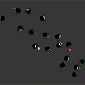 Small Black Furry Creatures With Eyes And Legs Holding Colorful Objects On Gray Reflective Surface