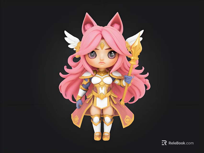 Cute Cartoon Figure With Pink Hair Cat Ears Wings Golden White Outfit Holding Staff 3d model 