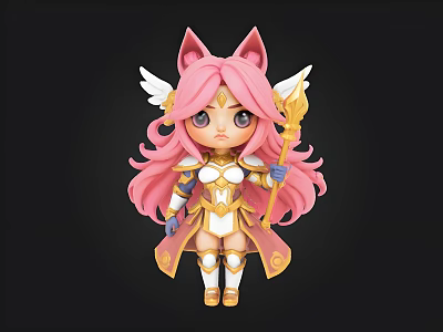 Cute Cartoon Figure With Pink Hair Cat Ears Wings Golden White Outfit Holding Staff 3d model