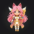 Cute Cartoon Figure With Pink Hair Cat Ears Wings Golden White Outfit Holding Staff