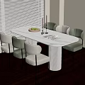 Modern White Marble Top Dining Table Set With Cylindrical Leg And Six Chairs