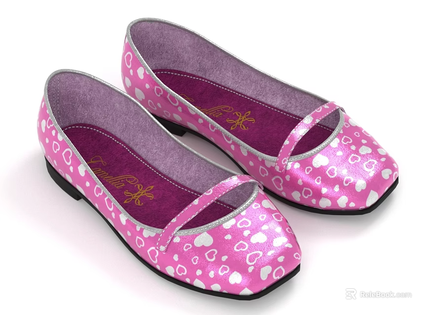 Cute Pink Flats With White Heart And Dots Pattern Strap Purple Inner Black Sole 3d model 