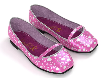 Cute Pink Flats With White Heart And Dots Pattern Strap Purple Inner Black Sole 3d model