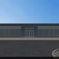 Modern Commercial Building Exterior With Glass Windows Entrance White Car Trees And Blue Sky