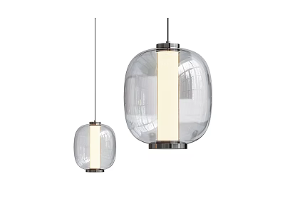 Two Modern Transparent Glass Pendant Lights With Metal Frame And LED Strip 3d model