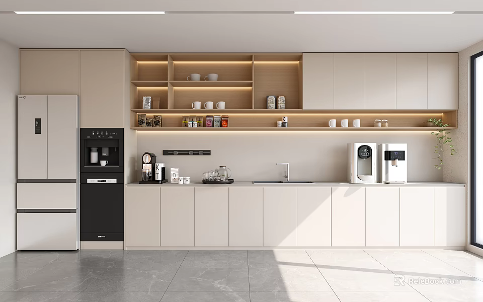 Modern Break Room With Light Colored Cabinets Coffee Machines And Shelves With Cups 3d model