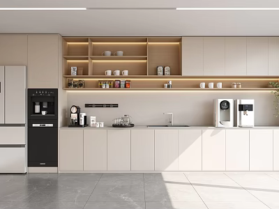 Modern Break Room With Light Colored Cabinets Coffee Machines And Shelves With Cups 3d model