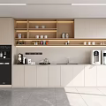 Modern Break Room With Light Colored Cabinets Coffee Machines And Shelves With Cups 3d model