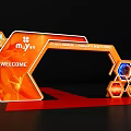 Modern Event Gateway Featuring Muyan Logo Orange Decor Welcome Sign And Hexagonal Elements 3d model