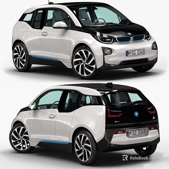 BMW i3 Electric Car With White Body Black Roof Blue Accents And Distinctive Wheel Design 3d model 