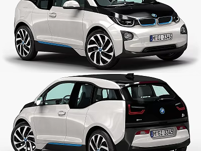 BMW i3 Electric Car With White Body Black Roof Blue Accents And Distinctive Wheel Design 3d model
