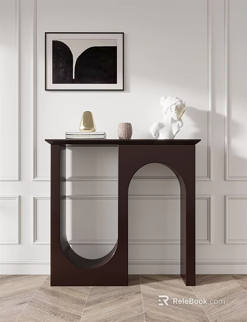 Dark Console Table With Gold Lamp Brown Vase White Sculpture Books And Black White Artwork 3d model 