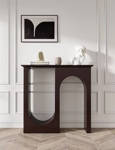 Dark Console Table With Gold Lamp Brown Vase White Sculpture Books And Black White Artwork 3d model