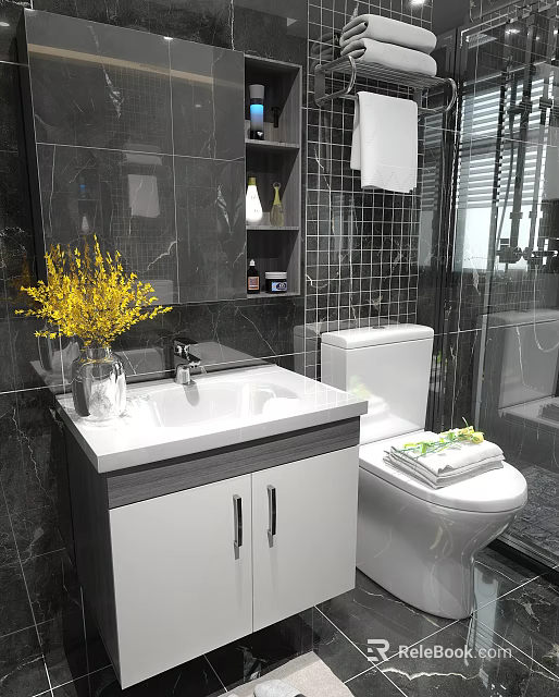 White Bathroom Sink Vanity With Black Tiled Walls And Yellow Flowers In Vase 3d model 