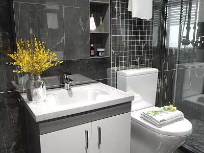 White Bathroom Sink Vanity With Black Tiled Walls And Yellow Flowers In Vase 3d model