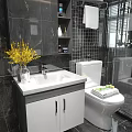 White Bathroom Sink Vanity With Black Tiled Walls And Yellow Flowers In Vase