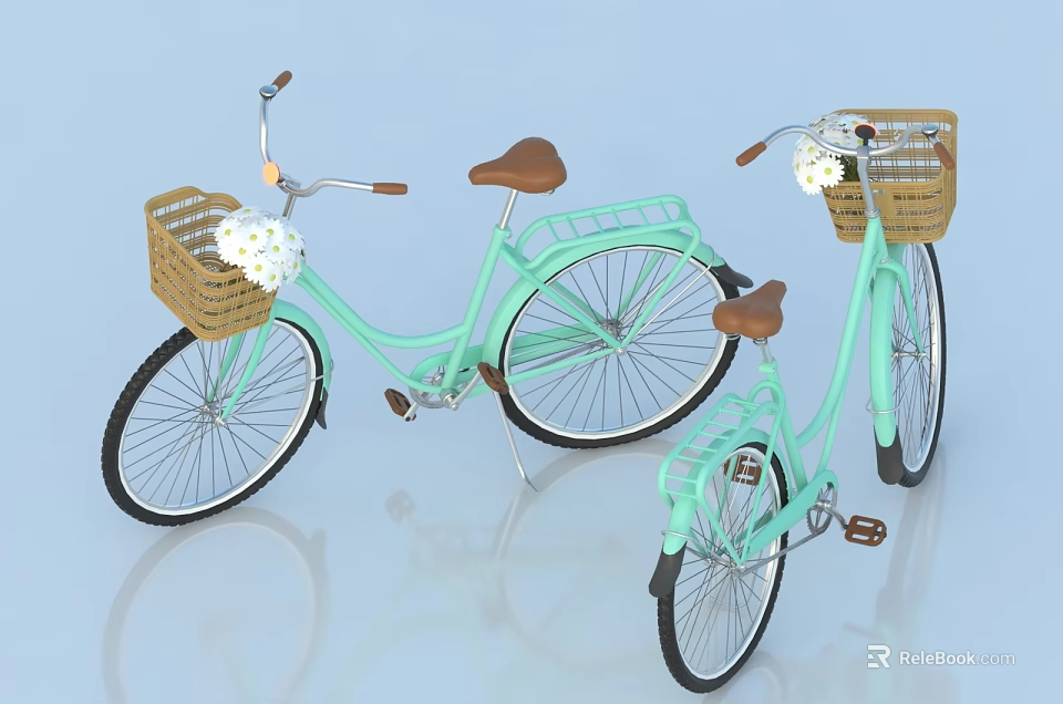 Light Green Bicycles with Brown Seats and Front Baskets Filled with White Flowers 3d model 