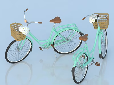 Light Green Bicycles with Brown Seats and Front Baskets Filled with White Flowers 3d model