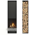 Modern Black Fireplace Design With Concrete Base And Burning Logs Flames 3d model