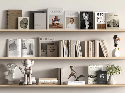 Stylish Bookshelf Displaying Various Books And Magazines With Decorative Figurines And Green Plant 3d model
