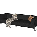 Modern Leather Two Seater Sofa With Plaid Blanket Pillow And Metal Legs
