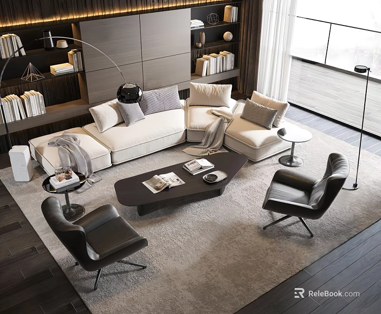 Elegant Modern Sofa And Coffee Table Set With Leather Accent Chairs And Area Rug 3d model 