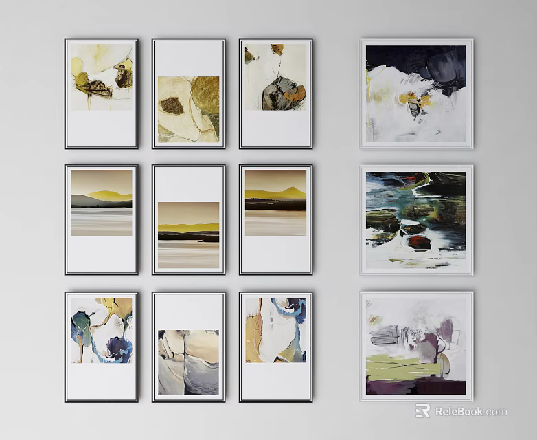 Abstract Paintings On Wall With Various Styles And Natural Elements For Home Decor 3d model