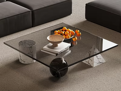 Modern Glass Side Table with Marble Legs Bowl of Oranges and Fruits 3d model