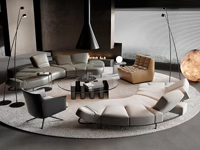 Modern Curved Sofa Coffee Table Set With Glass Top Accent Chair Floor Lamp And Fireplace 3d model