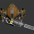 Orange Mechanical Robot Character Holding Multi Barrel Gun With Yellow Accents