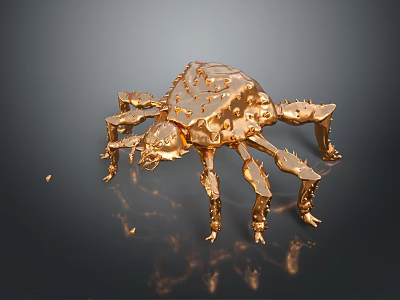 Golden Crab Like Metallic Sculpture With Detailed Texture And Dark Background Reflection 3d model