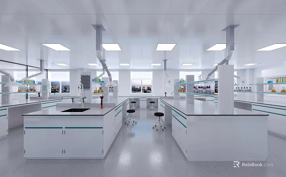 Modern Open Laboratory Design With White Lab Benches Fume Hoods Reagent Racks Bright Clean 3d model 