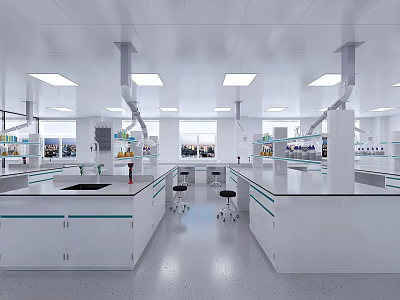 Modern Open Laboratory Design With White Lab Benches Fume Hoods Reagent Racks Bright Clean 3d model
