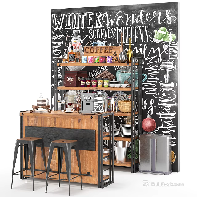 Cozy Coffee Bar Counter with High Stools Coffee Machine Blackboard Wall Handwritten Terms and Shelves 3d model 