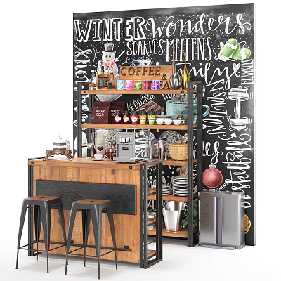 Cozy Coffee Bar Counter with High Stools Coffee Machine Blackboard Wall Handwritten Terms and Shelves 3d model