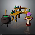 Wizard Workshop Scene With Cauldron Shelves Colorful Bottles And Magic Orb 3d model